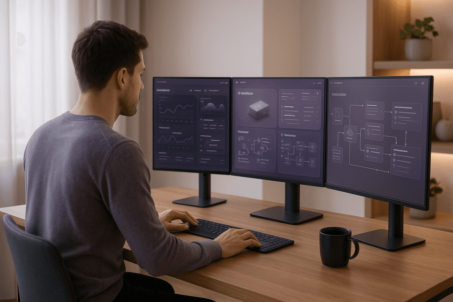 Person working at a modern triple-monitor workstation with AI workflow screens