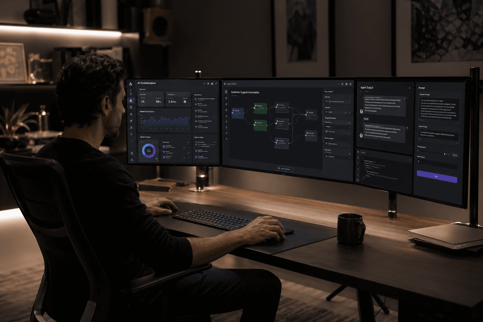 Person working at a modern triple-monitor workstation with AI workflow screens